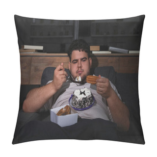 Personality  Depressed Overweight Man Eating Sweets In Living Room At Night Pillow Covers