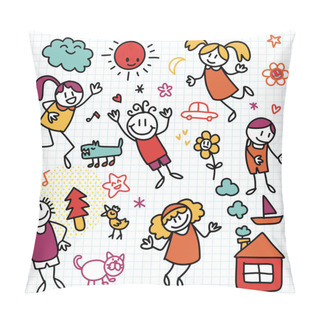 Personality  Collection Of Cute Children's Drawings Of Kids, Animals, Nature, Objects , Doodle Style Pillow Covers