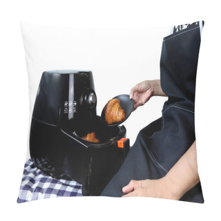 Personality  Right Hand Of Lady Model Puts The Croissant Into The Black Oil - Free Air Fryer Machine On The Table In The White Kitchen Cement Wall Background Pillow Covers