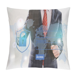 Personality  Cropped View Of Businessman In Suit Pointing With Finger At Cyber Security Illustration In Front  Pillow Covers
