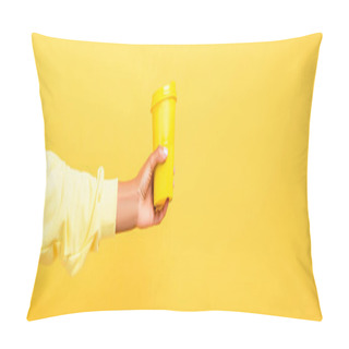 Personality  Cropped View Of African American Woman Holding Reusable Cup On Yellow Pillow Covers