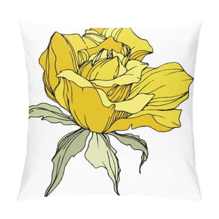 Personality  Beautiful Yellow Rose Flower With Green Leaves. Isolated Rose Illustration Element. Engraved Ink Art. Pillow Covers