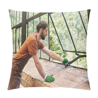 Personality  Handsome Bearded Gardener In Gloves And Linen Apron Opening Window In Modern Greenhouse Pillow Covers