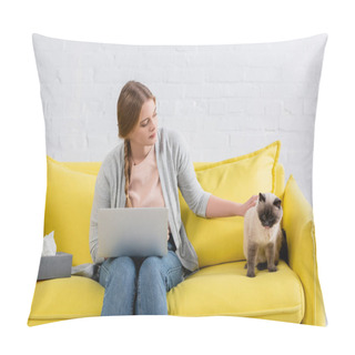 Personality  Young Freelancer With Laptop Petting Siamese Cat Near Box With Napkin  Pillow Covers