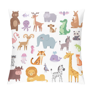 Personality  Cartoon Zoo Animals Big Set Wildlife Mammal Flat Vector Illustration. Pillow Covers