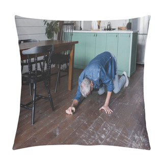 Personality  Elderly Man With Crutch Falling On Floor In Kitchen  Pillow Covers