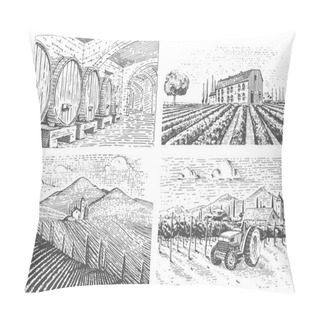 Personality  Vintage Engraved, Hand Drawn Vineyards Landscape, Tuskany Fields, Old Looking Scratchboard Or Tatooo Style Pillow Covers