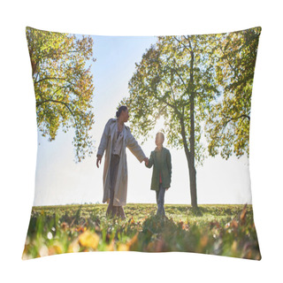 Personality  African American Mother And Child Holding Hands In Autumn Park, Fall Season, Having Fun, Together Pillow Covers