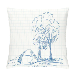 Personality  Tent And Woman At Campsite Under Big Tree, Blue Pen Sketch On Square Grid Notebook Page, Hand Drawn Vector Illustration Pillow Covers