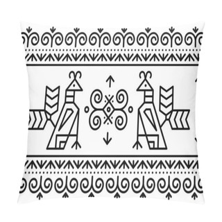 Personality  Slovak Tribal Folk Art Vector Seamless Geometric Long Horizontal Pattern With Brids Swirls, And Geometric Shapes Inspired By Traditional Painted Art From Village Cicmany In Zilina Region, Slovakia In Black On White Pillow Covers