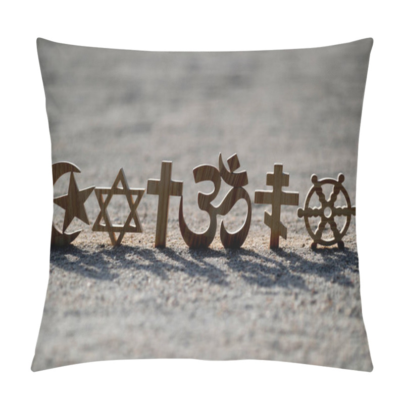 Personality  Religious Symbols On Sand. Christianity, Islam, Judaism, Orthodoxy Buddhism And Hinduism. Interreligious Or Interfaith Concept Pillow Covers