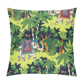 Personality  Indian Elephants Decorated In Traditional Style Walking In The Jungle. Seamless Pattern For Textile And Design Pillow Covers