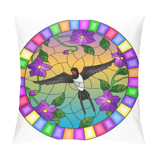 Personality  Illustration In Stained Glass Style With Bird Swallow On Background Of Purple Flowers And Sky, Oval Picture In Bright Frame Pillow Covers