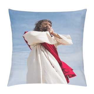 Personality  Low Angle View Of Jesus In Robe, Red Sash And Crown Of Thorns Holding Rosary And Praying Against Blue Sky Pillow Covers