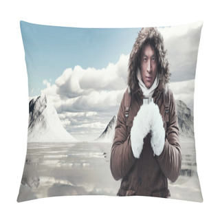 Personality  Asian Winter Sport Fashion Man With Backpack In Snow Mountain La Pillow Covers