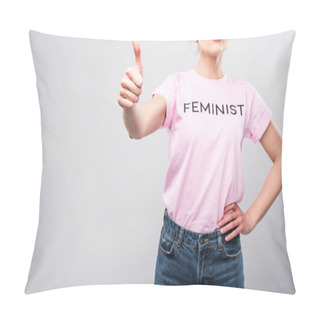 Personality  Cropped View Of Woman In Pink Feminist T-shirt Showing Thumb Up, Isolated On Grey Pillow Covers