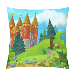 Personality  Cartoon Summer Scene With Path In The Forest With Castle - Nobody On Scene - Illustration For Children Pillow Covers