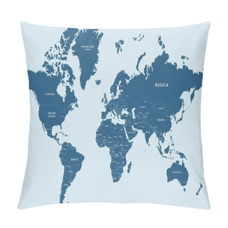 Personality  Blue Vector World Map Complete With All Countries And Capital Cities Names.  Pillow Covers