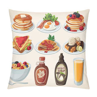 Personality  Classic Breakfast Cartoon Set With Pancakes, Cereal, Toasts And Waffles Pillow Covers
