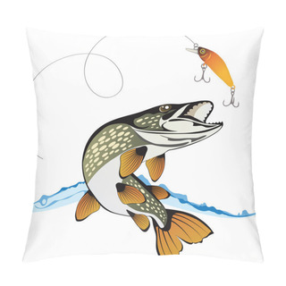 Personality  Pike And Fishing Lure With Water Splash Isolated On A White Back Pillow Covers