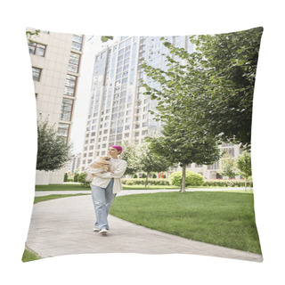 Personality  Full Length Of Stylish Woman With Small Purebred Dog In Hands Walking On Street, City Lifestyle Pillow Covers
