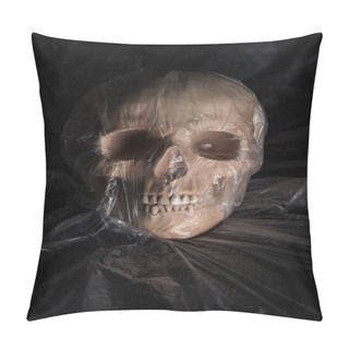 Personality  Spooky Human Skull In Cellophane On Black Background, Halloween Decoration Pillow Covers