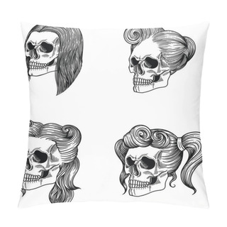 Personality  Stylish Female Skull Girl And Lady, Female Skull Maiden, Female Skull Lass, Female Skull Adolescent, Female Skull Woman, Female Skull Wife, Female Skull Old Woman ,Female Skull  Dame. Separate On A White Background, Hand Drawn In Vector. Line Style Pillow Covers