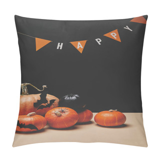 Personality  Pumpkins, Paper Bats And Paper Garland With Word Happy, Halloween Concept Pillow Covers