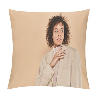 Personality  Brunette African American Woman With Curly Hair Posing In Turtleneck And Blazer On Beige Background Pillow Covers