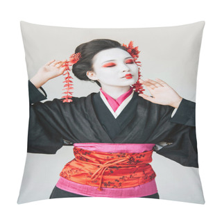 Personality  Beautiful Geisha In Black Kimono Gesturing Isolated On White Pillow Covers