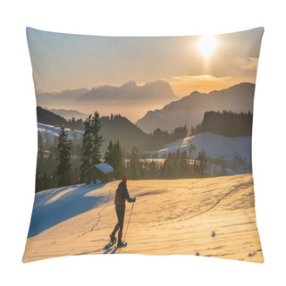 Personality  Senior Woman, Snowshoeing In Sunset In The Bregenzer Wald Area Of Vorarlberg, Austria With Spectacular View On Mount Saentis, Switzerland Pillow Covers