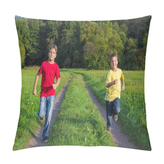 Personality  Two Happy Boys Running Together On Field Road Pillow Covers