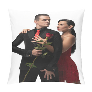 Personality  Beautiful Tango Dancer Hugging Partner Holding Red Rose Isolated On White Pillow Covers