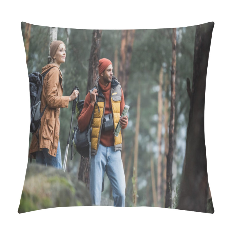 Personality  Man Holding Map Near Cheerful Woman With Hiking Sticks Pillow Covers