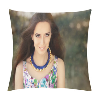 Personality  Smiling Woman Wearing Floral Dress And Big Necklace Pillow Covers