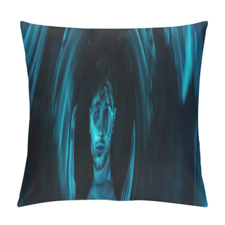 Personality  Curly Man Looking At Camera Through Futuristic Neon Blue Circle On Dark Background, Banner Pillow Covers