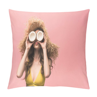 Personality  Cheerful Girl In Straw Hat Holding Coconuts Isolated On Pink Pillow Covers