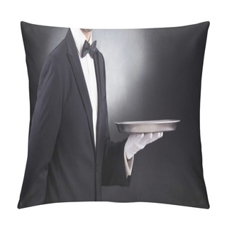 Personality  Waiter Holding Empty Silver Tray Over Black Background Pillow Covers