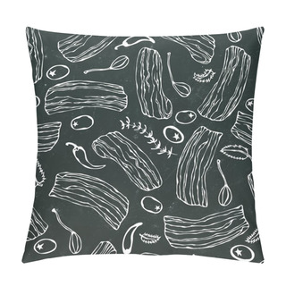Personality  Pork Bacon, Herbs, Olives And Capers Seamless. Isolated On A Black Chalkboard Background. Realistic Doodle Cartoon Style Hand Drawn Sketch Vector Illustration. Food Pattern. Pillow Covers