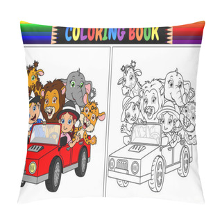 Personality  Vector Illustration Of Coloring Book With Funny Kids And Animal Cartoon On Red Car Pillow Covers