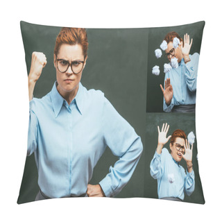 Personality  Collage Of Angry Teacher Standing With Hands On Hips, And Defending Herself With Outstretched Hands From Throws Of Crumpled Paper   Pillow Covers