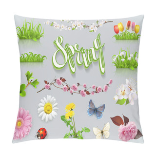 Personality  Spring Set. Grass And Flowers. 3d Vector Icon Pillow Covers