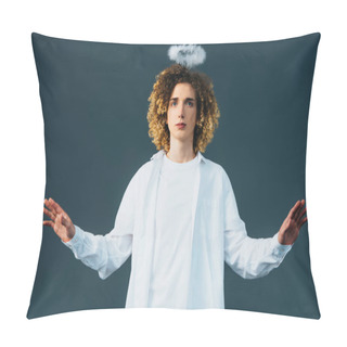 Personality  Curly Teenager In Angel Costume With Halo Above Head And Outstretched Hands Isolated On Green Pillow Covers