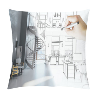 Personality  Hand Drawing Coworking Office Interior With Stairs And Computer On Desktop And City View. Workplace And Company Concept. Pillow Covers