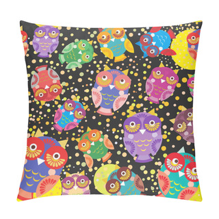 Personality  Seamless Pattern Bright Colorful Cute Owls On Black Background, Funny Birds Face With Winking Eye, Bright Colors. Vector Illustration Pillow Covers