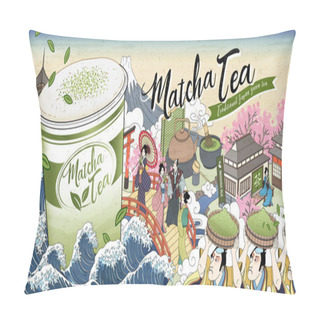Personality  Ukiyo-e Matcha Tea Ads With Giant Takeaway Cup Floating Upon Ocean Tides, Tea Word Written In Japanese Kanji Pillow Covers
