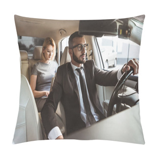 Personality  Handsome Driver And Attractive Businesswoman In Car Pillow Covers