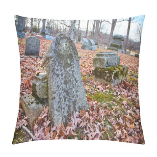 Personality  Late Autumn Tranquility At Lindenwood Cemetery, Fort Wayne, Indiana, Revealing The Enduring Beauty Of Weathered Gravestones Amid Fallen Leaves. Pillow Covers