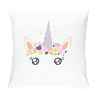 Personality  Hand Drawn Vector Illustration Of Cute Funny Unicorn Face Cake Decoration With Flowers, Concept For Children Print  Pillow Covers