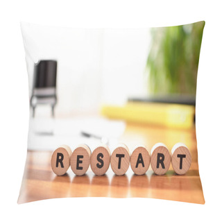 Personality  Restarting Business, Work And Economy After A Catastrophic Crisis Due To The Coronavirus Pandemic. Restart Inscription On An Office Workspace Desk. Text Space. Blurred Background, Selective Focus. Pillow Covers